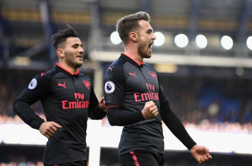 LIVERPOOL, ENGLAND - OCTOBER 22: Aaron Ramsey of Arsenal celebrates scoring his sides fourth goal during the Premier League match between Everton and Arsenal at Goodison Park on October 22, 2017 in Liverpool, England. (Photo by Gareth Copley/Getty Images)